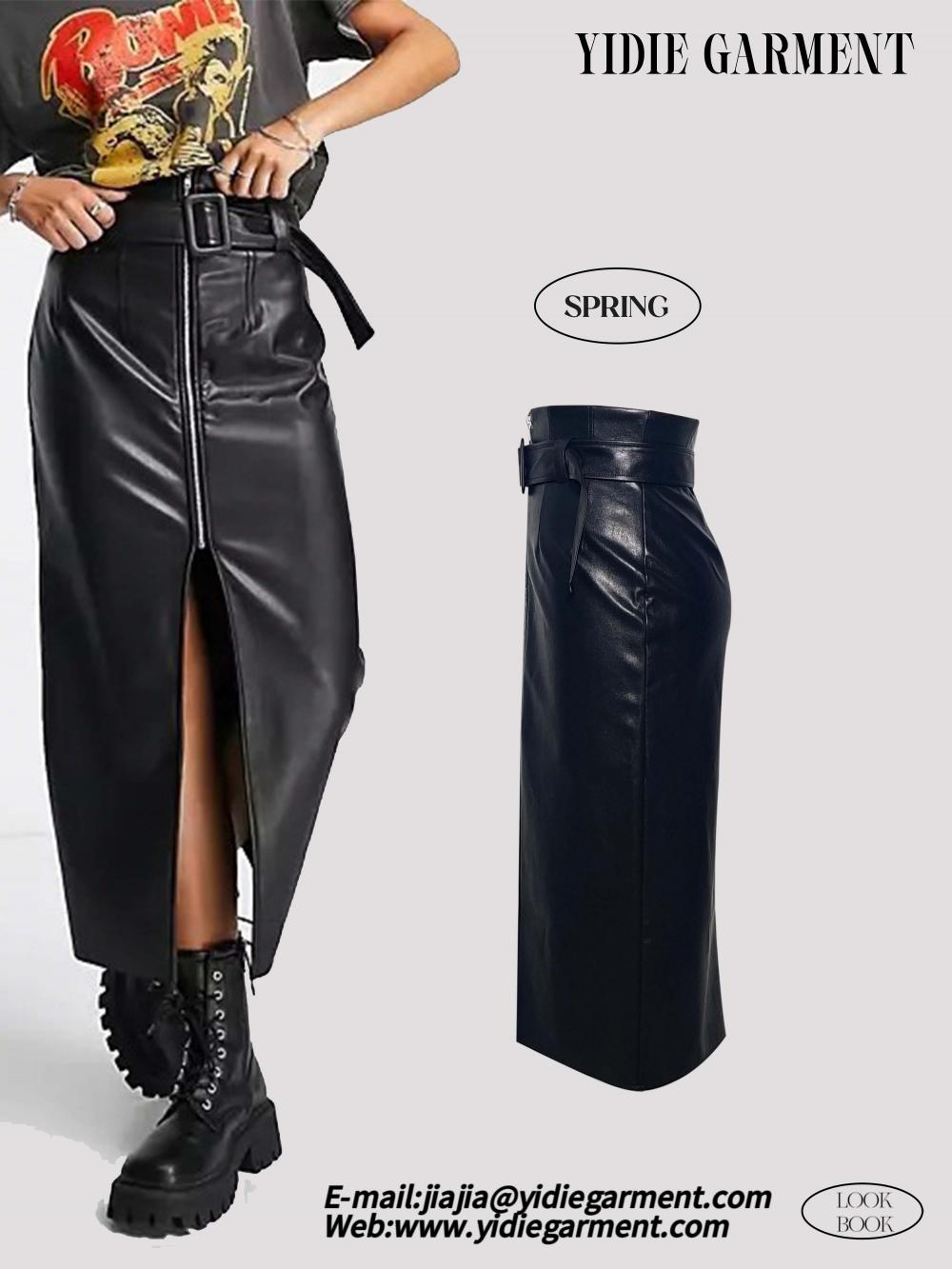 Black Faux Leather Belted Midi Skirt With Zip