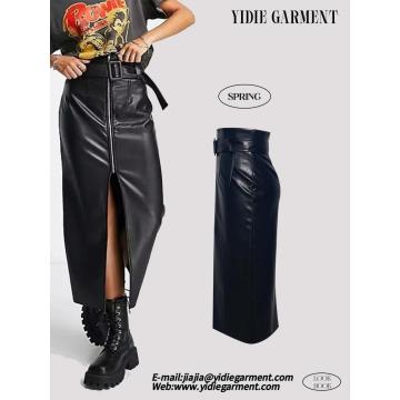Black Faux Leather Belted Midi Skirt With Zip