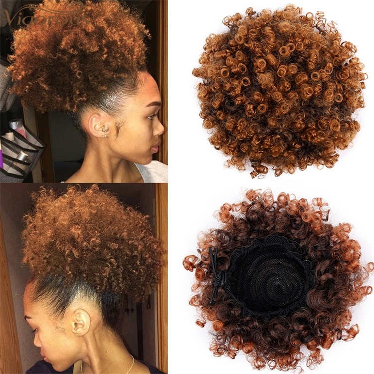 Vigorous Synthetic Short Afro Kinky Hair Bun High Temperature Drawstring Pony Tail Clip in Hair Extension on Puff Hair Bun