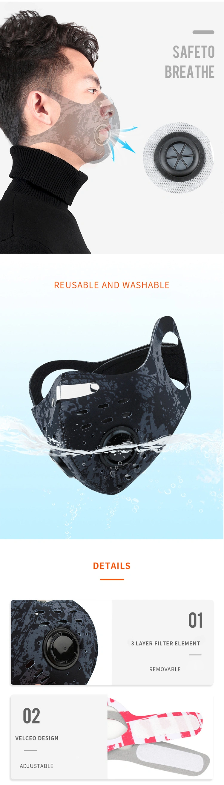 Wholesale Unisex Washable Reusable Outdoor Breathable Running Cycling Sports Face Mask with Filters