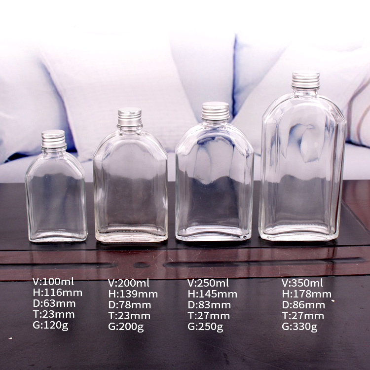 250ml flat glass sloping bottles for spirit with metal lids