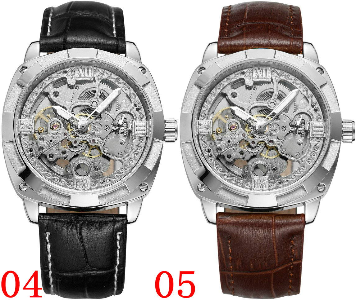 FORSINING 207-1 Men Automatic Mechanical Watch Leather Strap Wristwatch High Quality Skeleton Watches