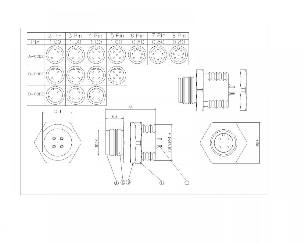 M12 2 ~ 8p Lelaki Kunci Lelaki Panel SW18T