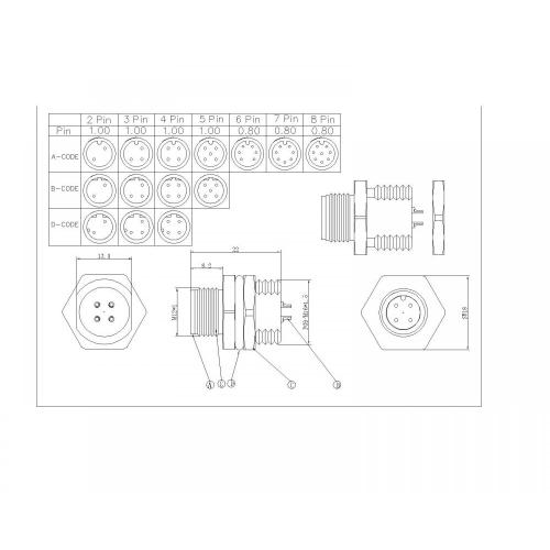 M12 2 ~ 8p Lelaki Kunci Lelaki Panel SW18T