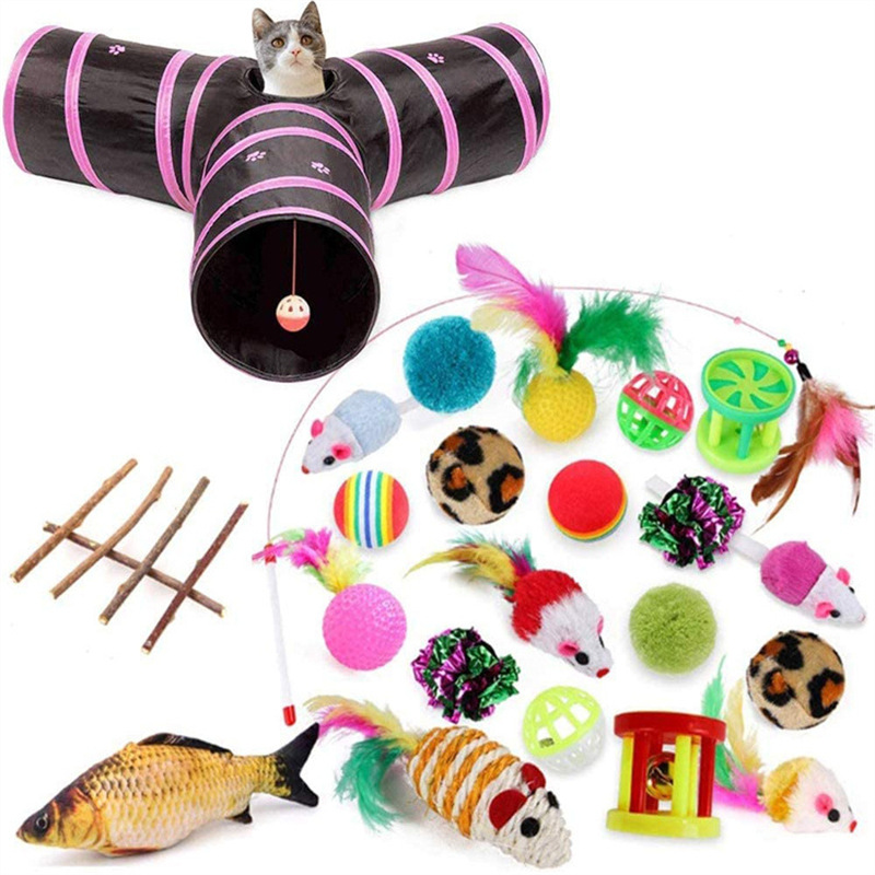 The New Pet Cat Toy Set Rainbow Blue Three-channel Tunnel Through Feather Toys Cat Pet Products