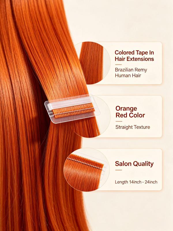 Orange Red Brazilian Remy Human Hair Tape In Extensions For Women