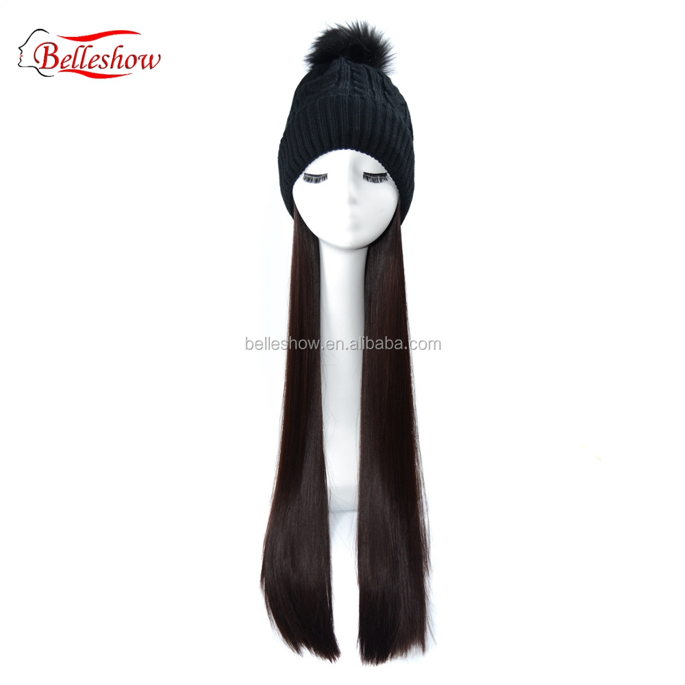 Hot sell long straight wig head Warm wool hat wig black woolen hat long straight hair Winter warm cap hair long straight hair