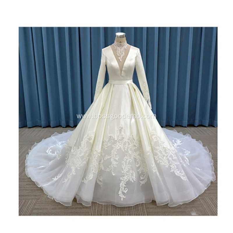 Pleating Ball Gown Custom Luxury Bridal Dress long sleeve V neck Plus Size satin Wedding Dress Bridal Gown
