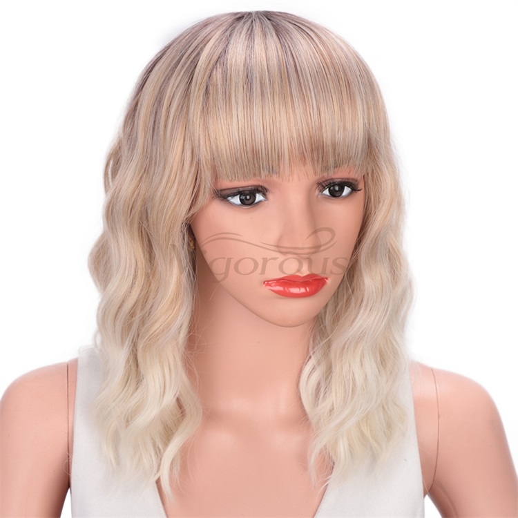 Vigorous Wavy Short Bob with Air Bangs Shoulder Length Curly Synthetic Cosplay Ombre Blonde Bob Wig for Girl