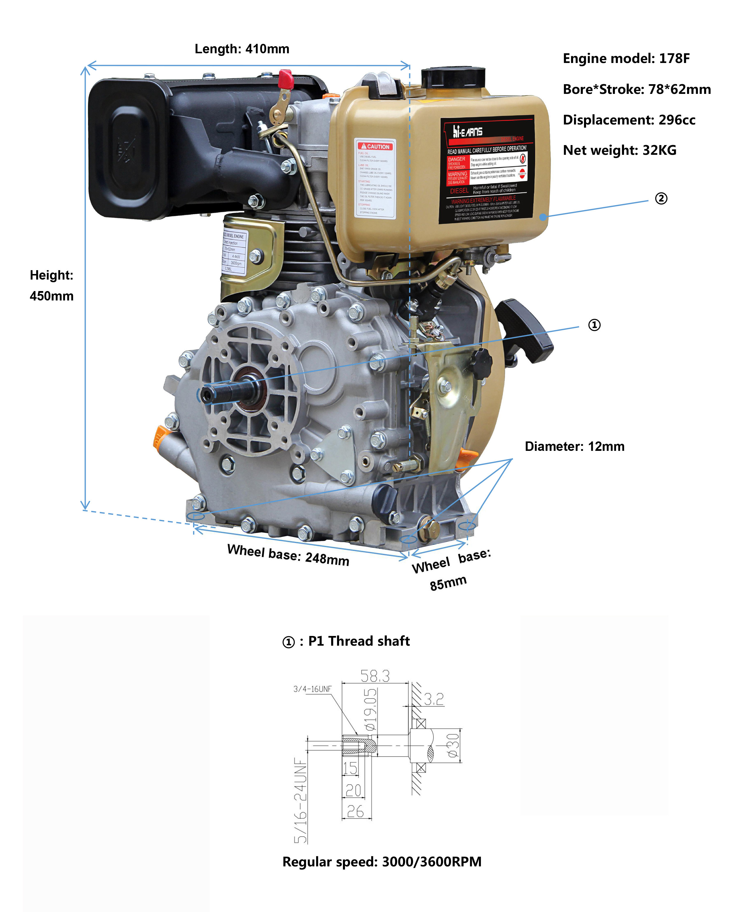 6hp air-cooled diesel engines 178F