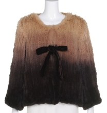 YR162 Camel Dipping Dyed Knit Real Rex Rabbit Fur Coat