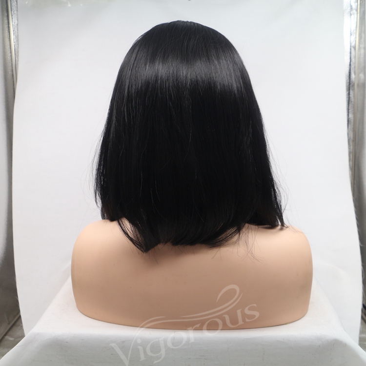 Vigorous mono bob black premium high quality straight short wholesale black women synthetic hair wigs with lace front