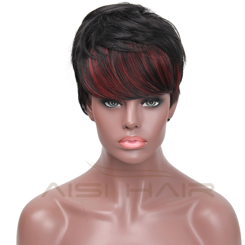 Aisi Hair Most Popular Short Straight Wig Natural Black Wigs with Red Bang Synthetic Pixie Cut Wig for Women