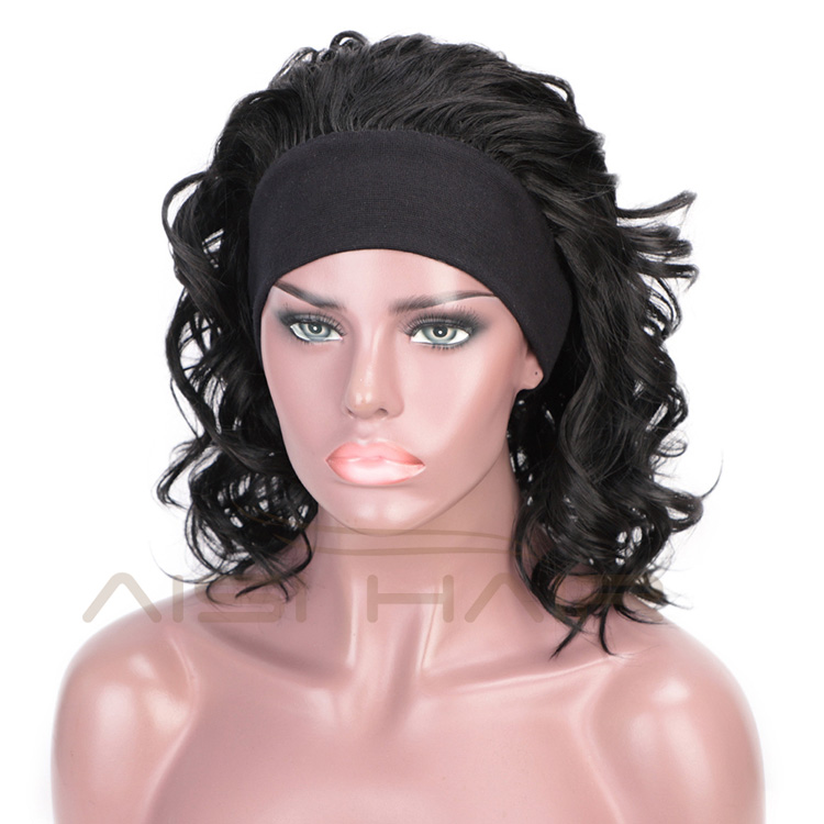 Aisi Hair Short Women Black Curly Wigs with Headband Heat Resistant Synthetic Fiber Wigs with Bandage For Lady