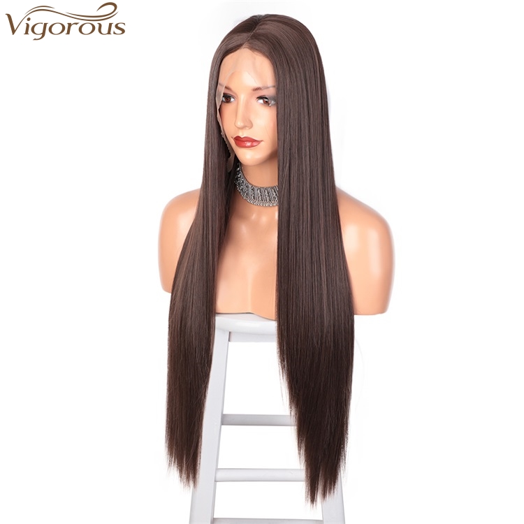 Vigorous High Temperature Top Quality Long Silky Straight Brown Wigs Middle Part Lace Frontal Wigs For White Women Wholesale