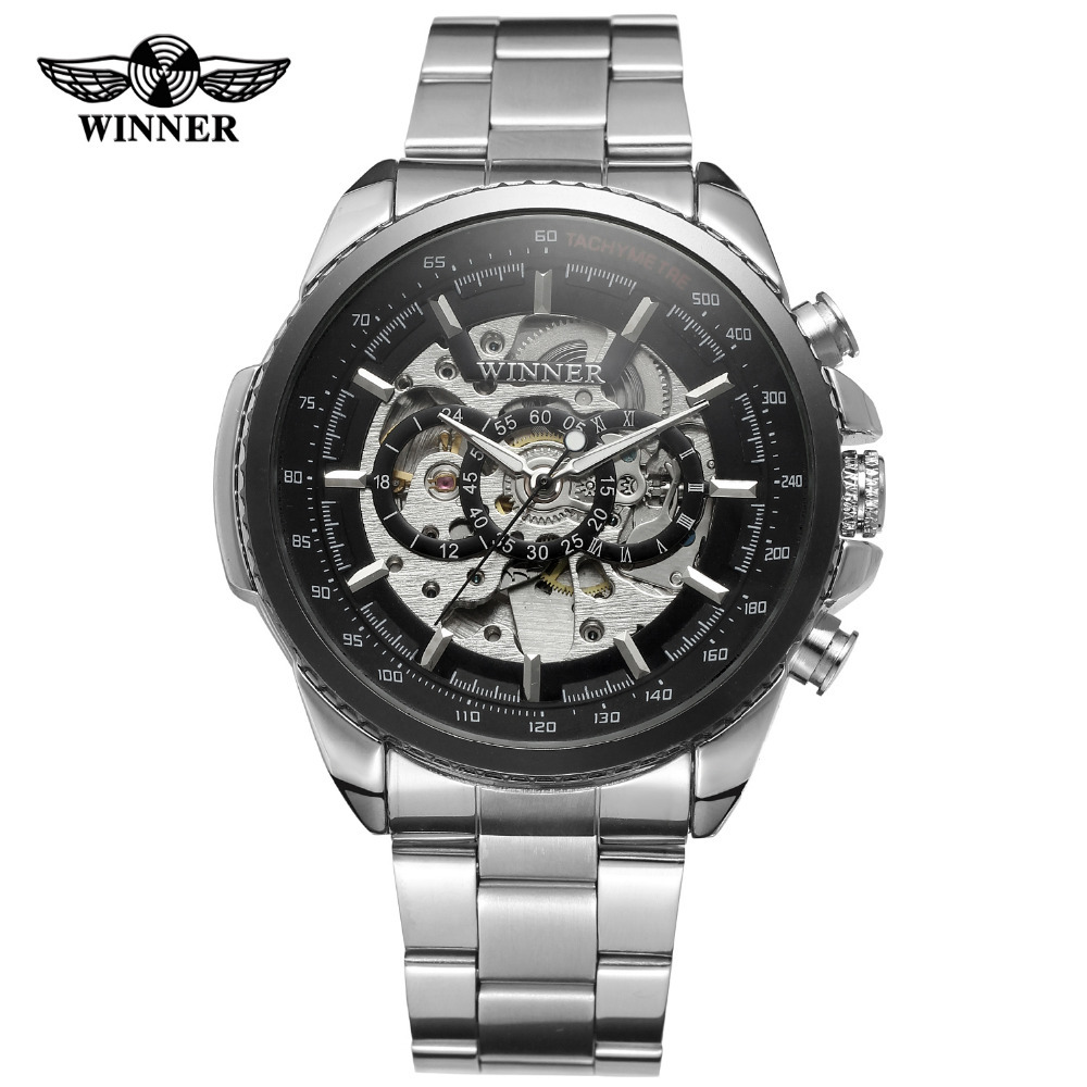Winner 428 promotional Skeleton Watch Men Full Stainless Steel Auto Mechanical custom LOGO Watch Self-Wind Male Dress Clock