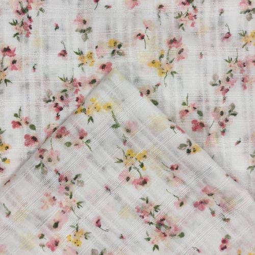 Sweet Floral Printed Rayon Textured Dobby Slub Fabric