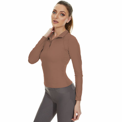 Brown Half Zipper Breathable Riding Tops