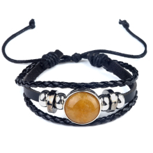 Natural Yellow Jade 20MM Cabs Handmade Woven Leather Bracelets for Women Men