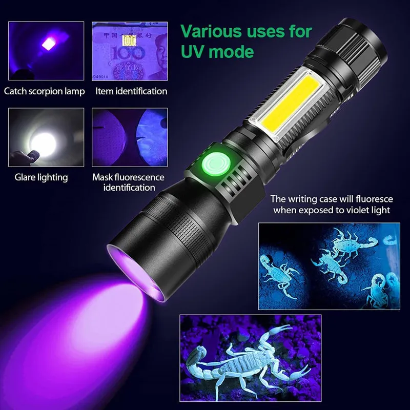 Versatile LED Flashlight with COB Floodlight and UV Light