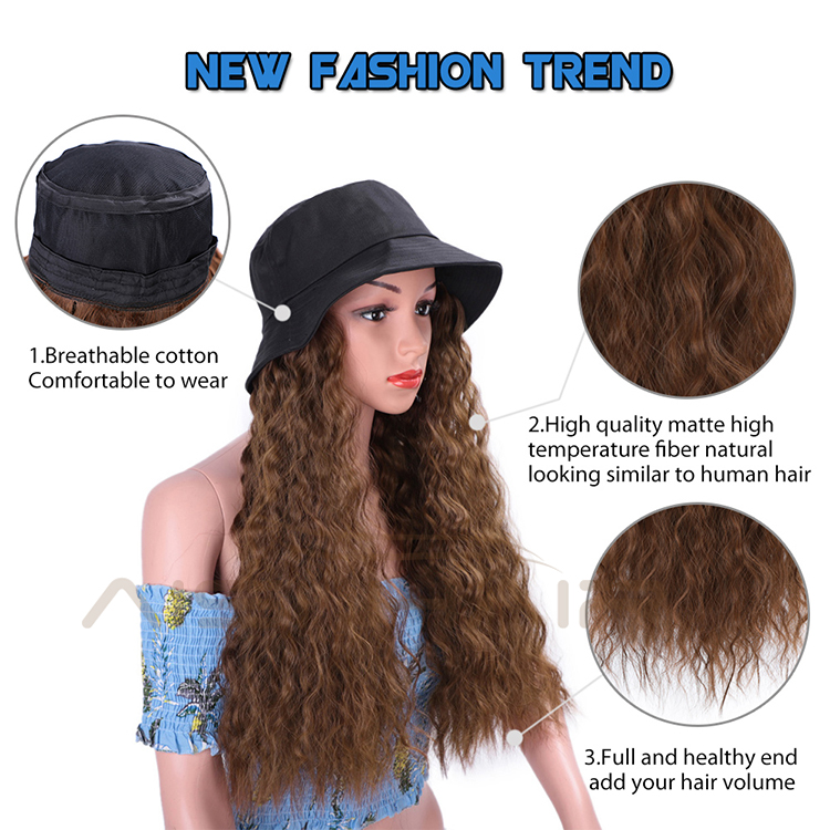 Aisi Hair Long Water Wave Outdoor Hat Knit Slouchy Party Hat Synthetic Light Brown Fiber Hair Extension With Black Cap For Women