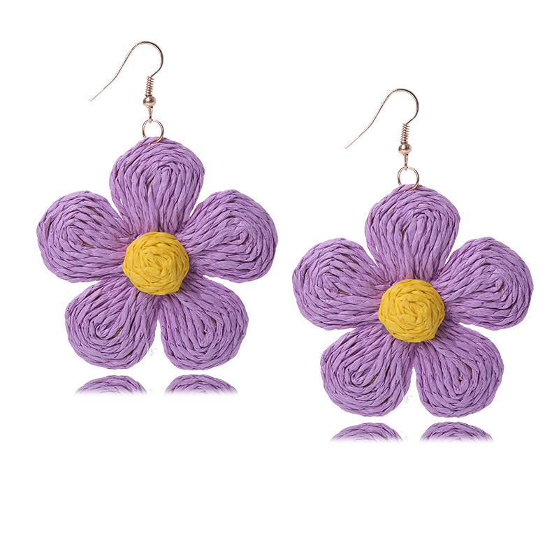 Pendientes de ratán para mujeres Declaración Boho Raffia Paja envuelta Flor de flores Pendientes colgantes de verano Joyería de playa tropical