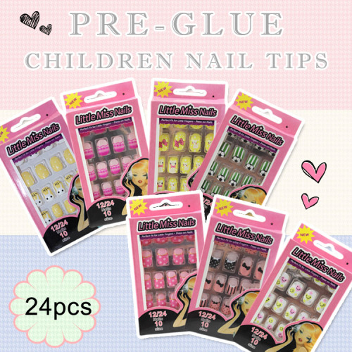 24PCS Multicolor Pre-Glue Children Nail Tips Finger Application Nail Tips