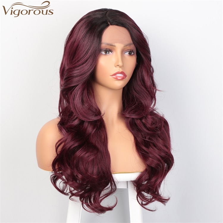 Vigorous Wholesale Lace Frontal Long Body Wavy Synthetic Wigs For Black Women Ombre Red Color High Temperature