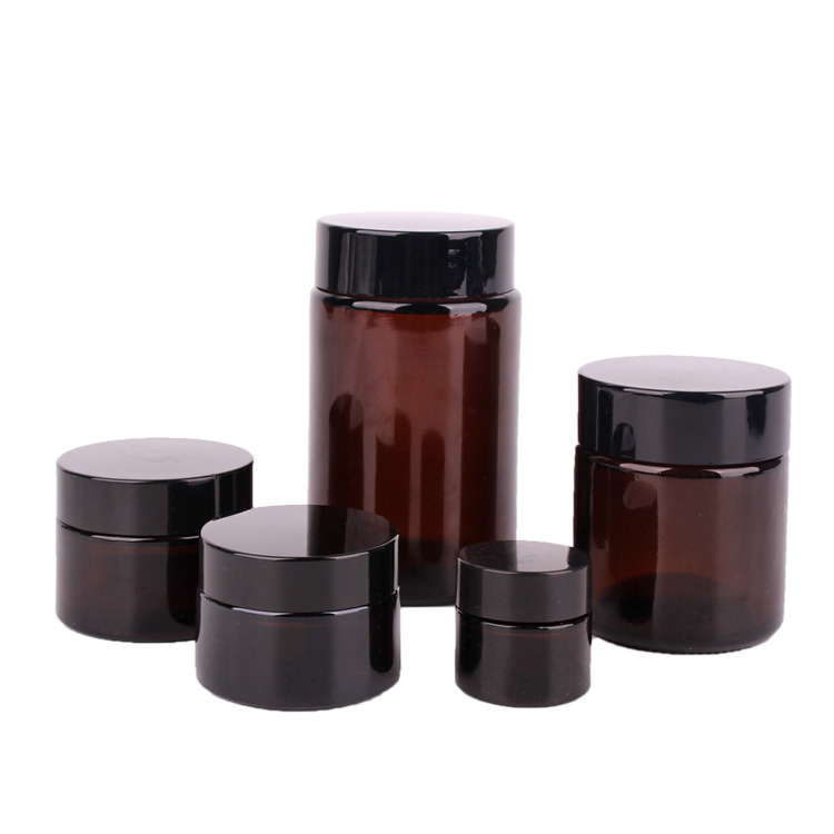 5 set of amber round glass jar cosmetic jar with black lid amber glass cream jar