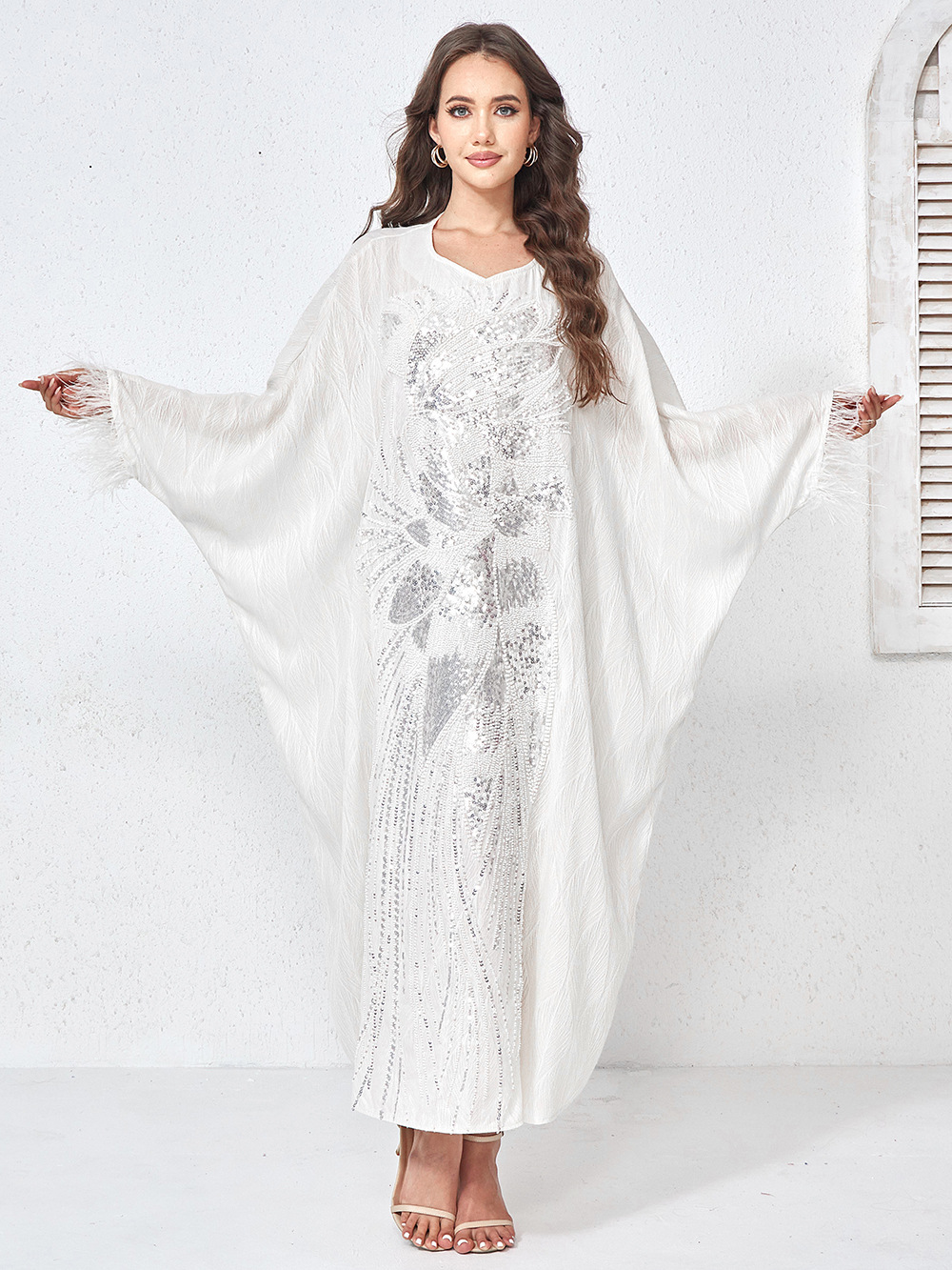 لباس ابیا آستین پر پولک لاکچری White Sequin Kaftan Dress with Feather Sleeves