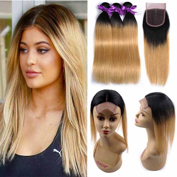 1B27 ombre Blonde Hair Bundles With Closure 3 Bundles With 4x4 Lace Closure Brazilian Straight Hair Remy Human Hair Extensions