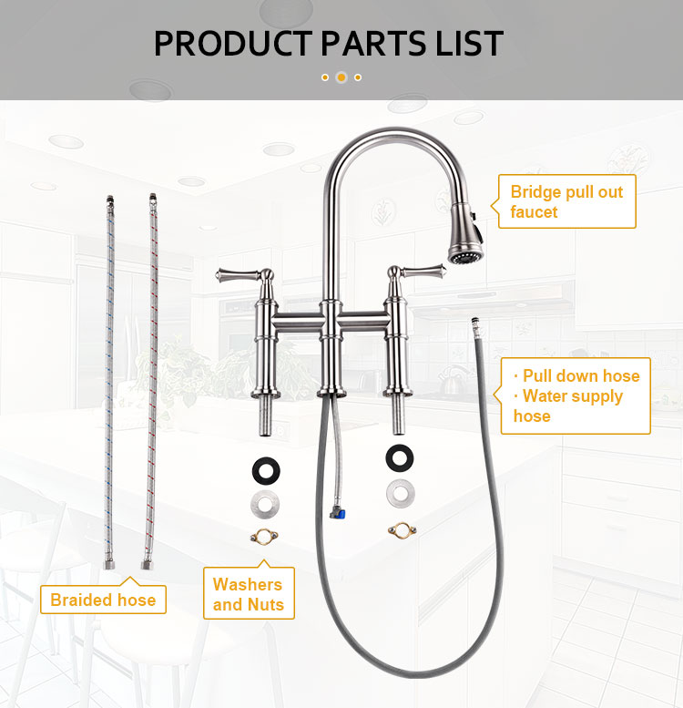 Custom Deck mounted Nickel Brushed Brass Touch Bridge Double Handle Two Lever Pull Down Kitchen Faucet with Sprayer