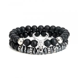 Punk CZ Bull Head Skull Hommes Bracelet Mode bœuf Mat Onyx Pierre Perles Charme Bracelets Bracelets Macramé Strand Bijoux