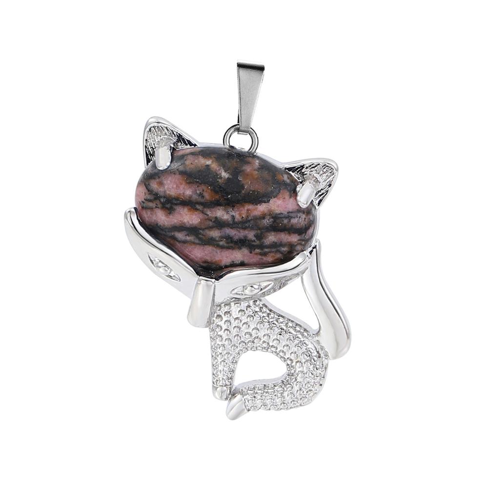 Rhodochrosite Luck Fox Collier pour femmes hommes guérison énergie cristal amulette animal pendant bijoux de pierres précieuses