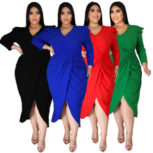 2024 Oversized V-Neck Irregular Long Sleeved Dress with Split Skirt