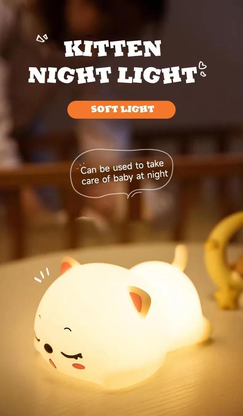 Adorable Sleep Cat Cartoon Silicone LED Night Lights for Kids′ Rooms Night
