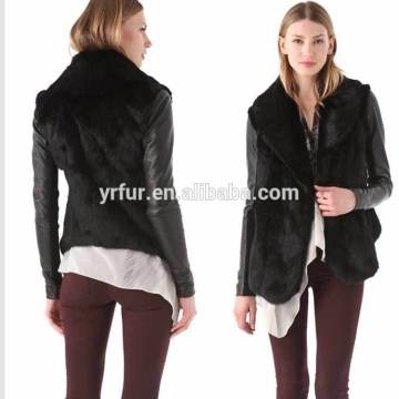 YR869 Cold Winter Fur Jacket Women/Rabbit Jacket with Leather Sleeve Cool