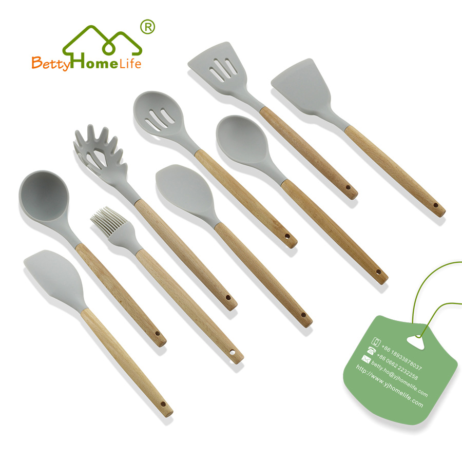 Ustensiles de cuisine en silicone 9PCS avec manche en bois de hêtre