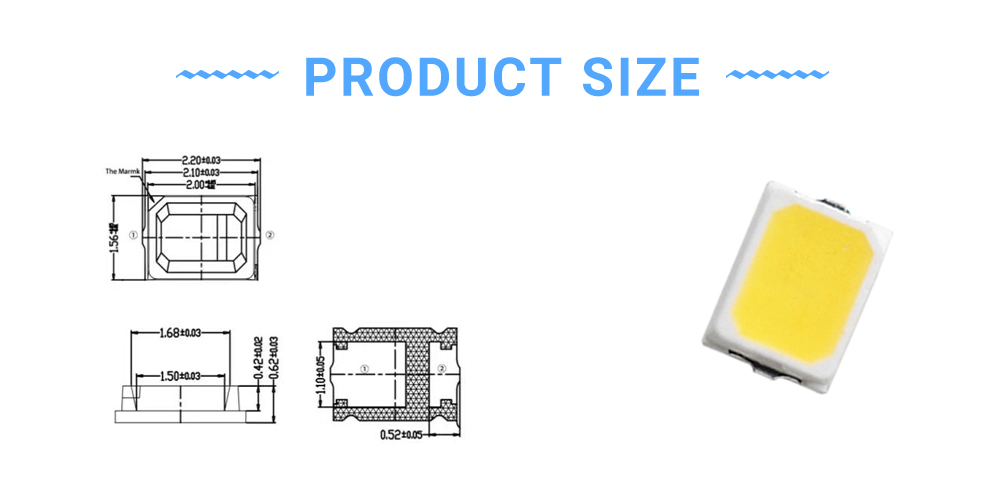 Size of 2016WW30K60L4W High CRI LED 2016 SMD Warm White 2900-3100K 0.5W