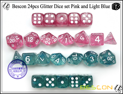 Bescon 24pcs Glitzer Würfel Set Pink und Hellblau-6 Bescon 24pcs Glitter Dice set Pink and Light Blue-6