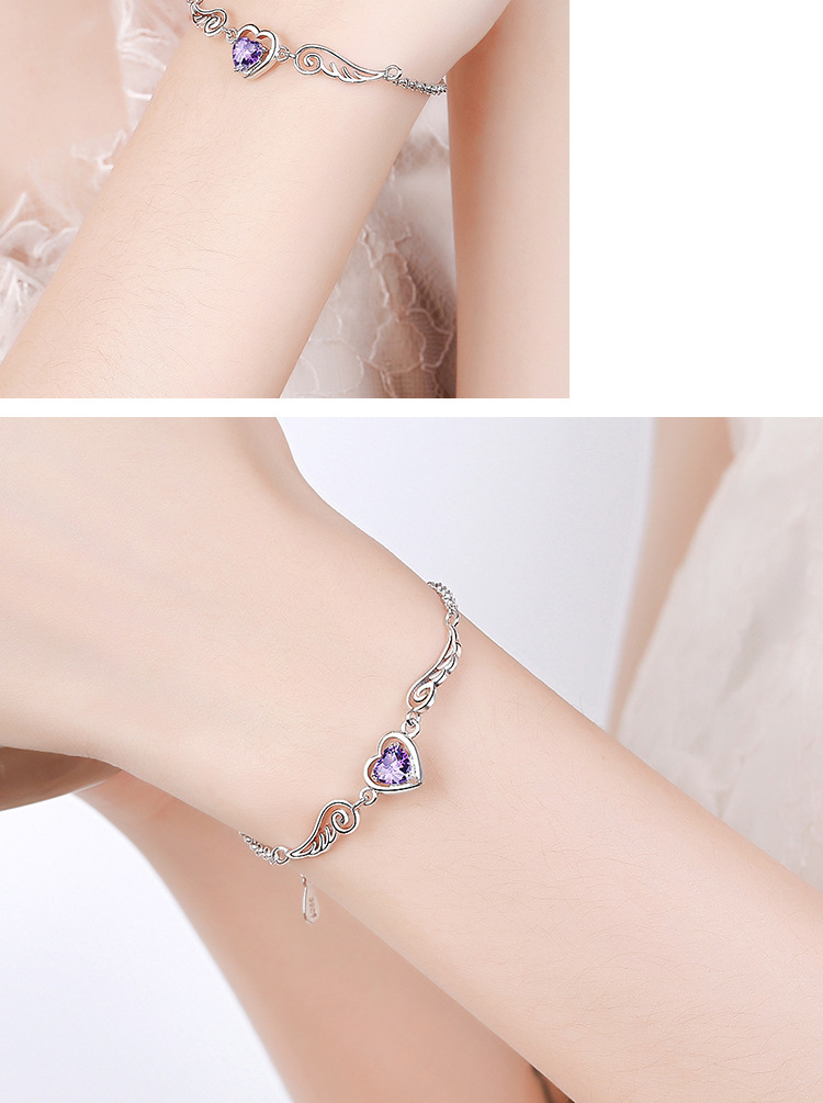 angel wings purple diamond charm bracelets women,copper pave setting zircon silver heart bracelets