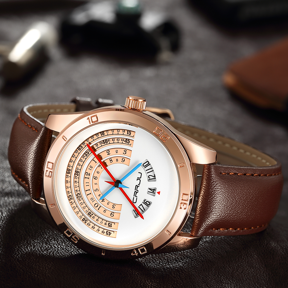 CRRJU Watch Men luxury Sports leather Funny Binary calendar Clock Japan Movement Waterproof Wrist Watch