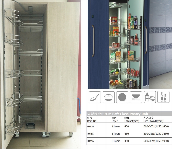 Customized Material Pantry Unit Kitchen Cabinet Accessories Pull Out Basket Kitchen Wire Baskets Stainless Steel Kitchen Storage