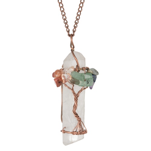 Chakra Gemstone Tree of Life Wire Wrapped Natural Clear Quartz Healing Crystal Point Pendant Necklace Mother's Day Gift