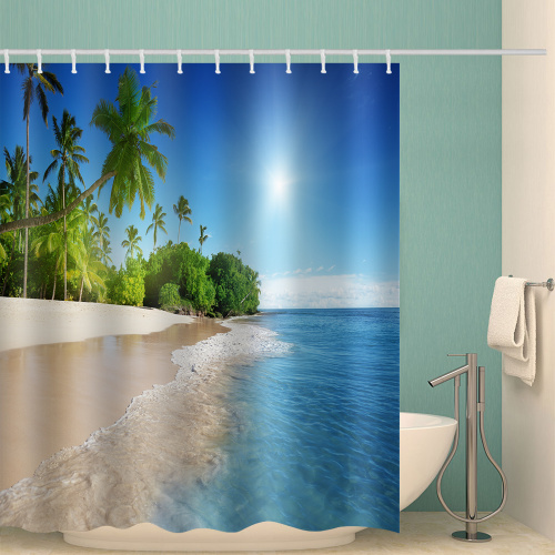 Sea Wave Beach Waterproof Shower Curtain Coconut Tree Tropical Bathroom Decor