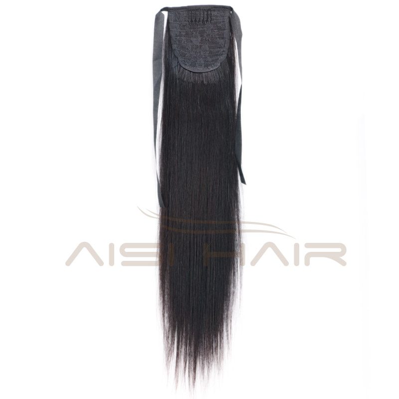 Aisi Hair 16 Inch Brazilian  Human Hair Ponytail Human Hair Ribbon Straight Ponytail Extensions for Black Women