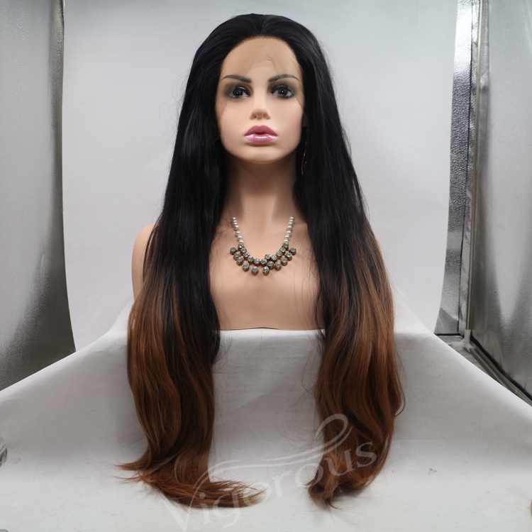 Vigorous ombre brown long straight premium high quality wholesale black women synthetic hair wigs with lace