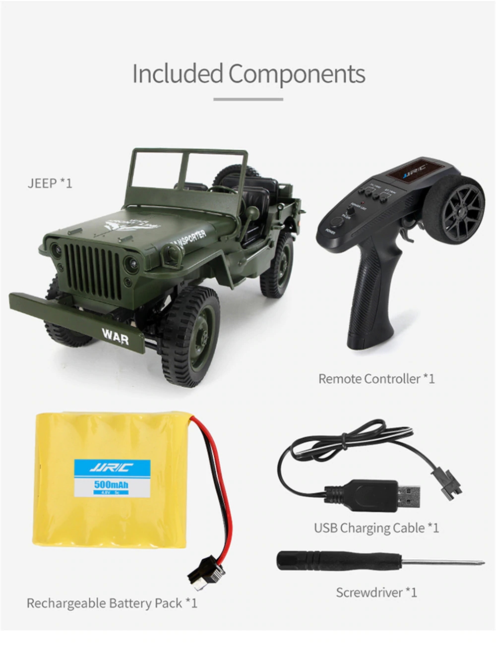 JJRC Q65 1:10 RC Car 2.4G 4WD Convertible Remote Control Light Jeep Four-Wheel Drive Off-Road Military Climbing Car Toy Kid Gift