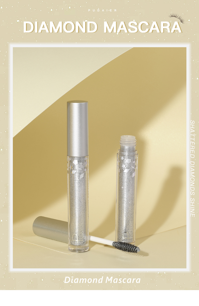 Pudaier Diamond Glitter Mascara Quick Dry Water Drop Makeup Long Lasting Waterproof Curling Thick Shiny Eyelash Mascara