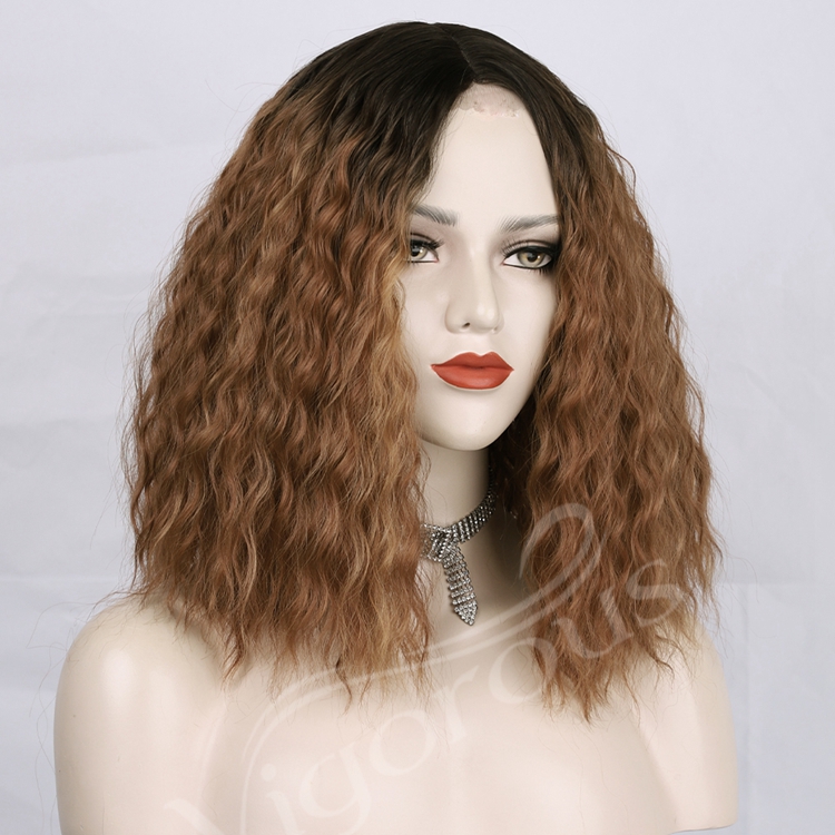 Black Root High Quality Bob Cut Fiber Lace Front Loose Wave Ombre For Women Short Synthetic Hair Brown Wigs